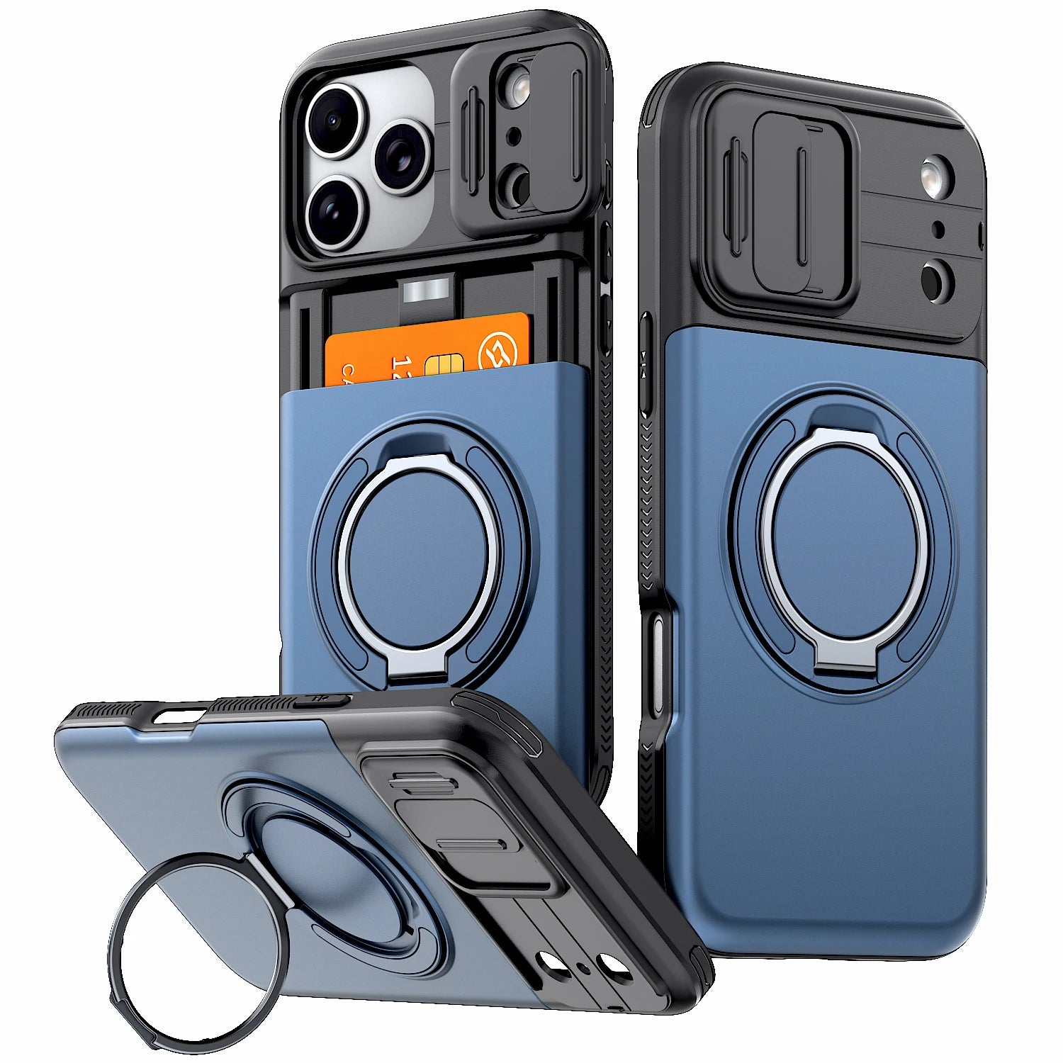 Shockproof iPhone Wallet Case with Hidden Card Holder & Ring Stand