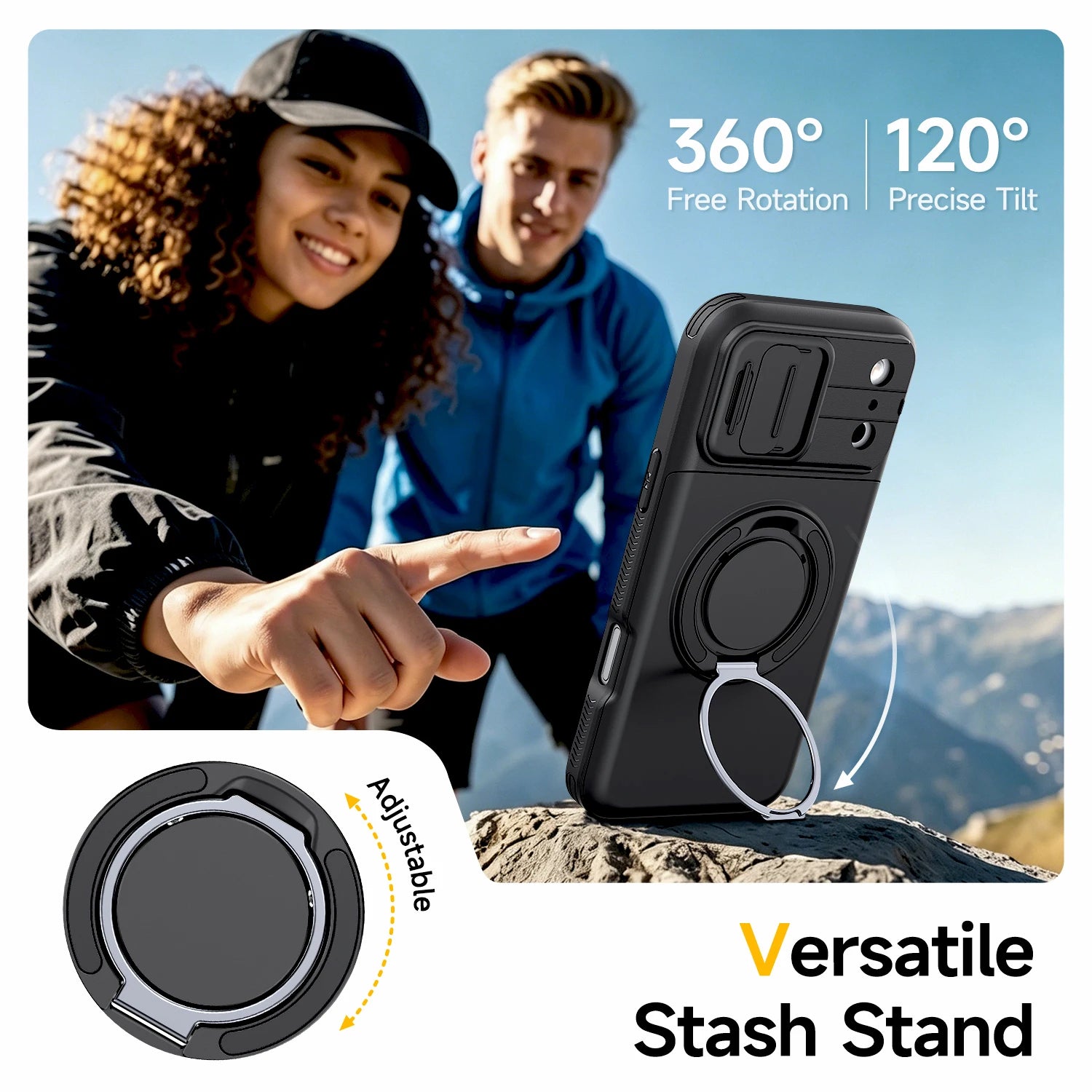 Shockproof iPhone Wallet Case with Hidden Card Holder & Ring Stand