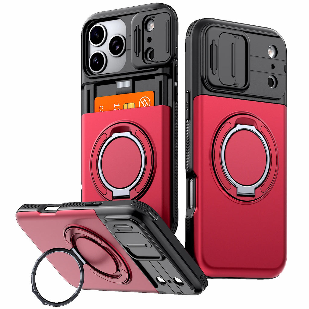 Shockproof iPhone Wallet Case with Hidden Card Holder & Ring Stand