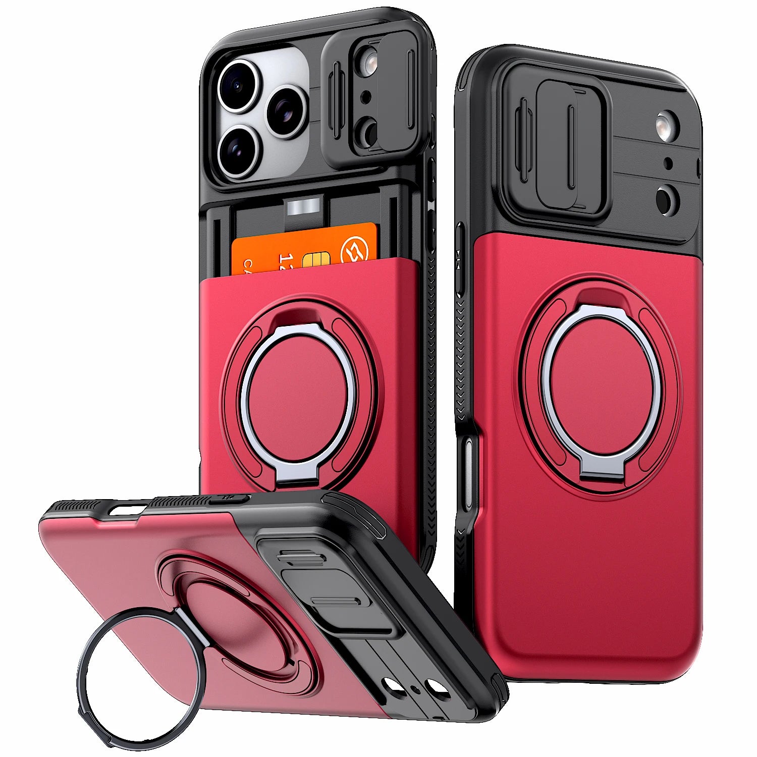 Shockproof iPhone Wallet Case with Hidden Card Holder & Ring Stand