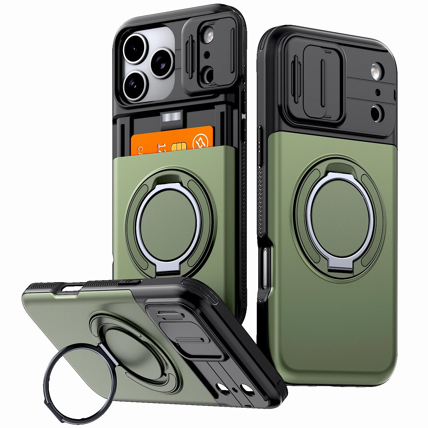 Shockproof iPhone Wallet Case with Hidden Card Holder & Ring Stand