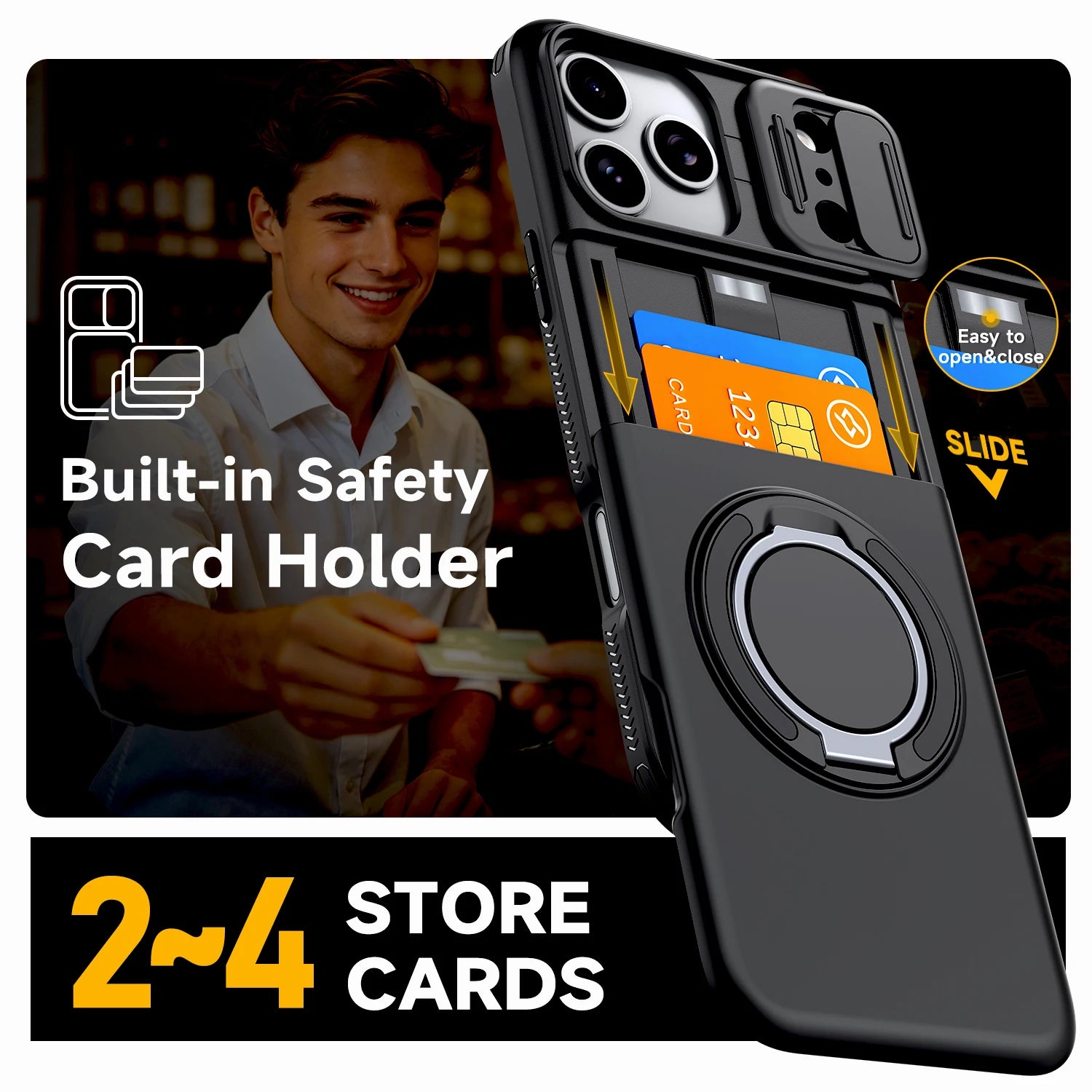 Shockproof iPhone Wallet Case with Hidden Card Holder & Ring Stand