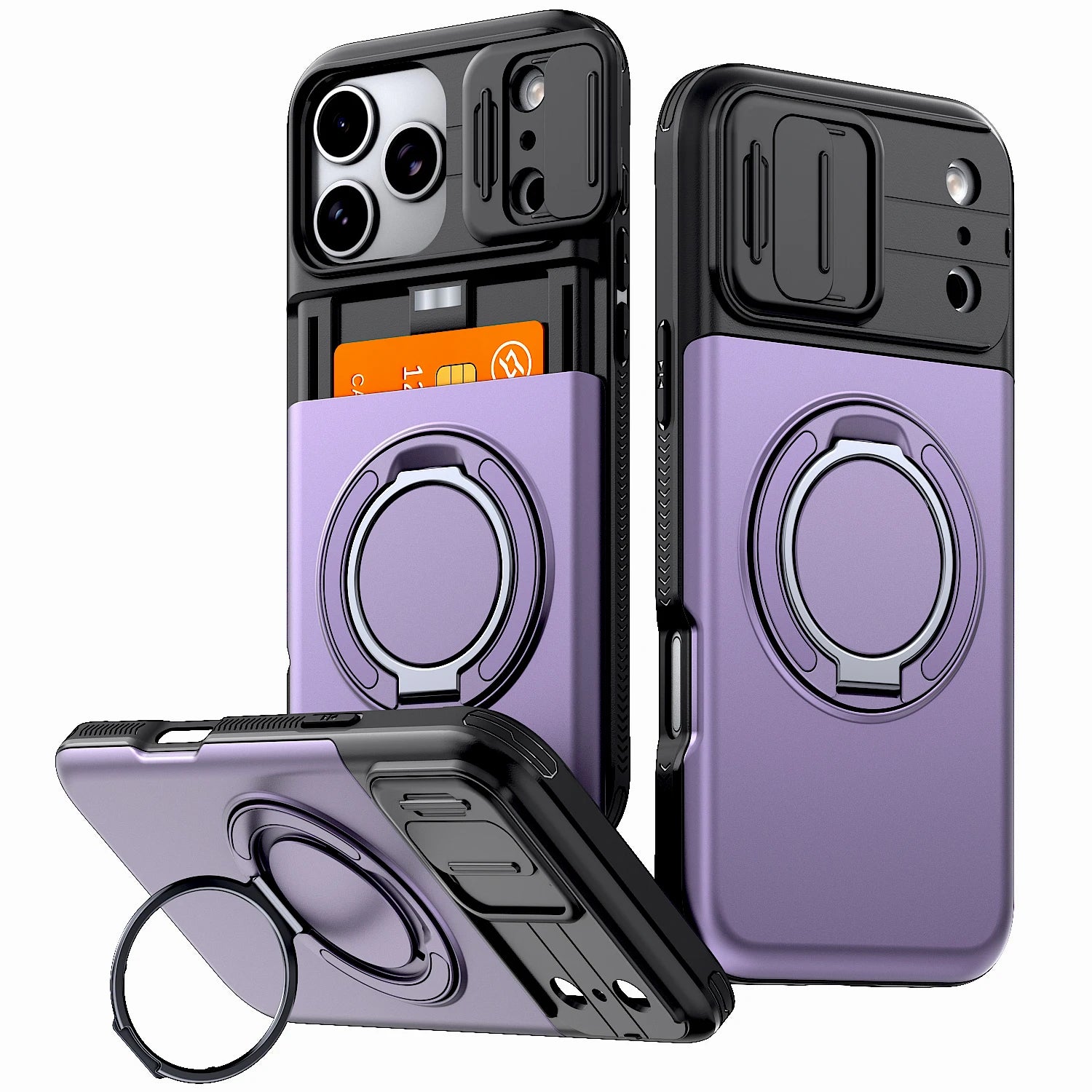 Shockproof iPhone Wallet Case with Hidden Card Holder & Ring Stand