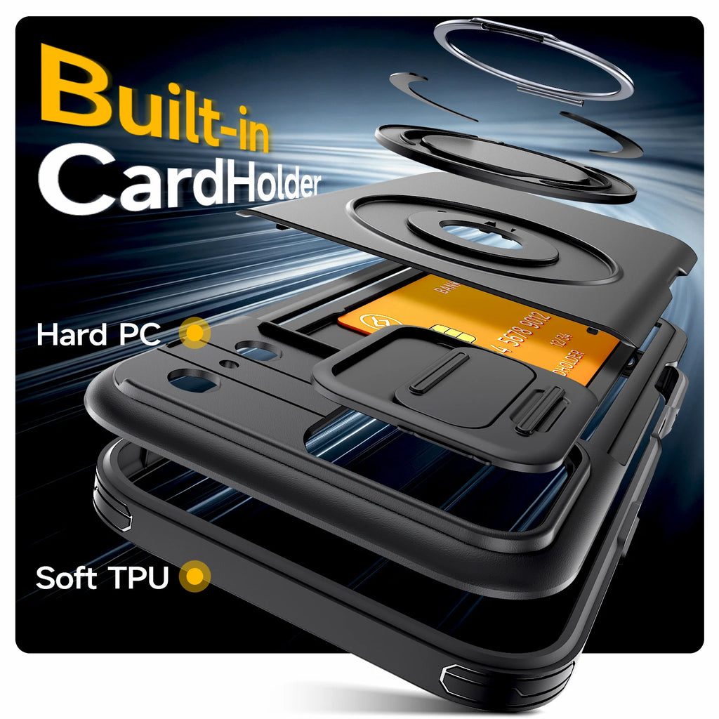 Shockproof iPhone Wallet Case with Hidden Card Holder & Ring Stand