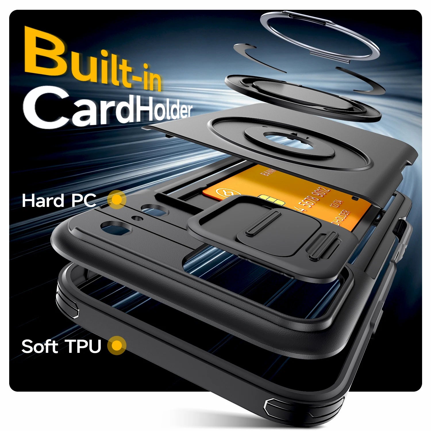 Shockproof iPhone Wallet Case with Hidden Card Holder & Ring Stand