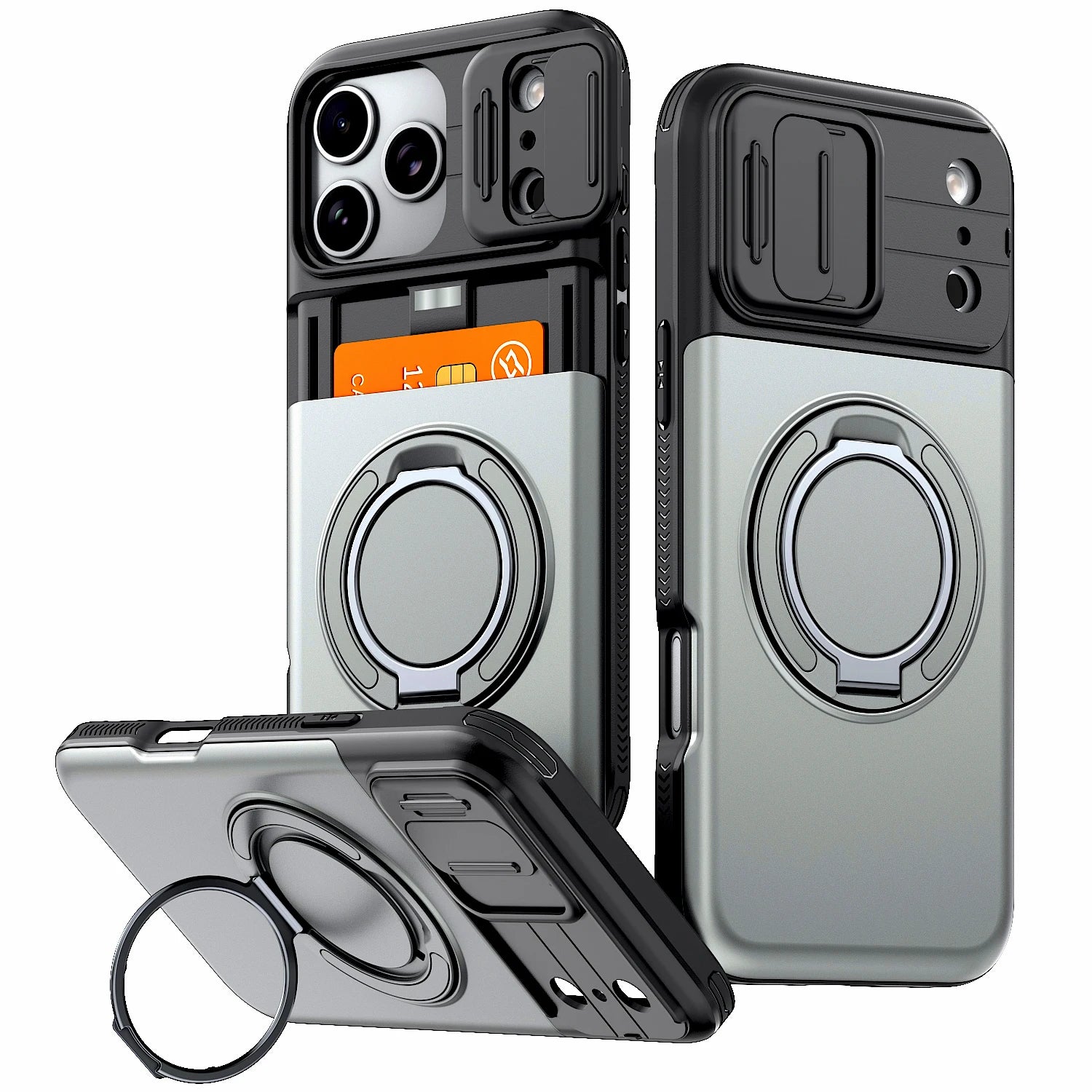 Shockproof iPhone Wallet Case with Hidden Card Holder & Ring Stand