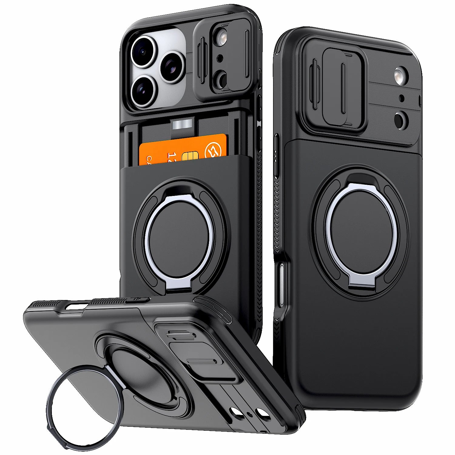 Shockproof iPhone Wallet Case with Hidden Card Holder & Ring Stand